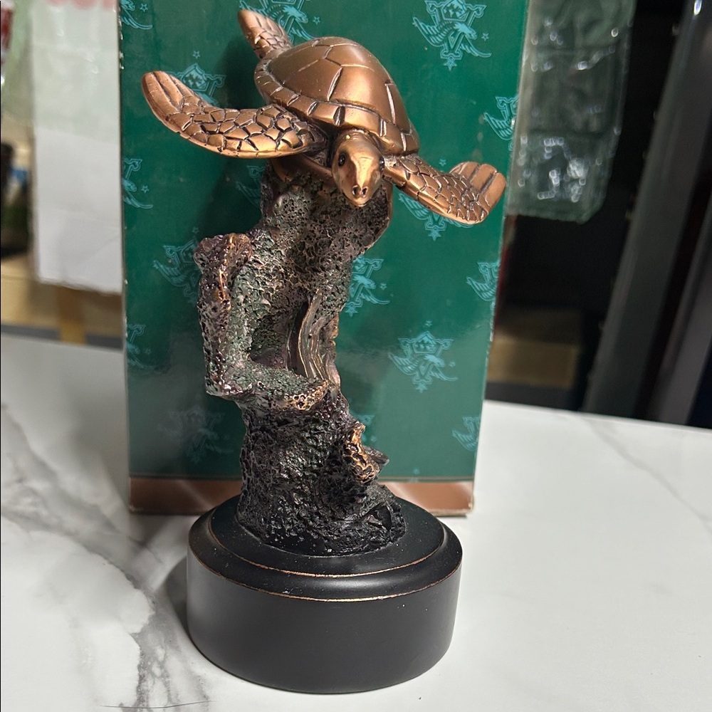 Copper Sea Turtle Sculpture on Black Base